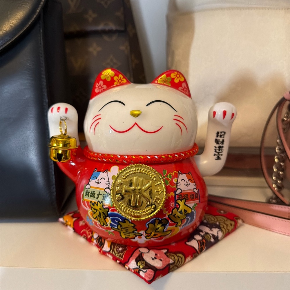 Red Lucky Maneki Neko Ceramic Cat Figurine